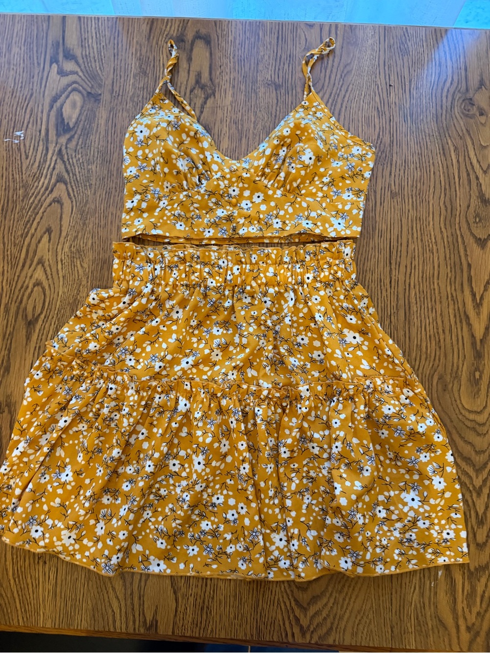 SHEIN Mustard Yellow Floral Spaghetti Strap High-Low Dress